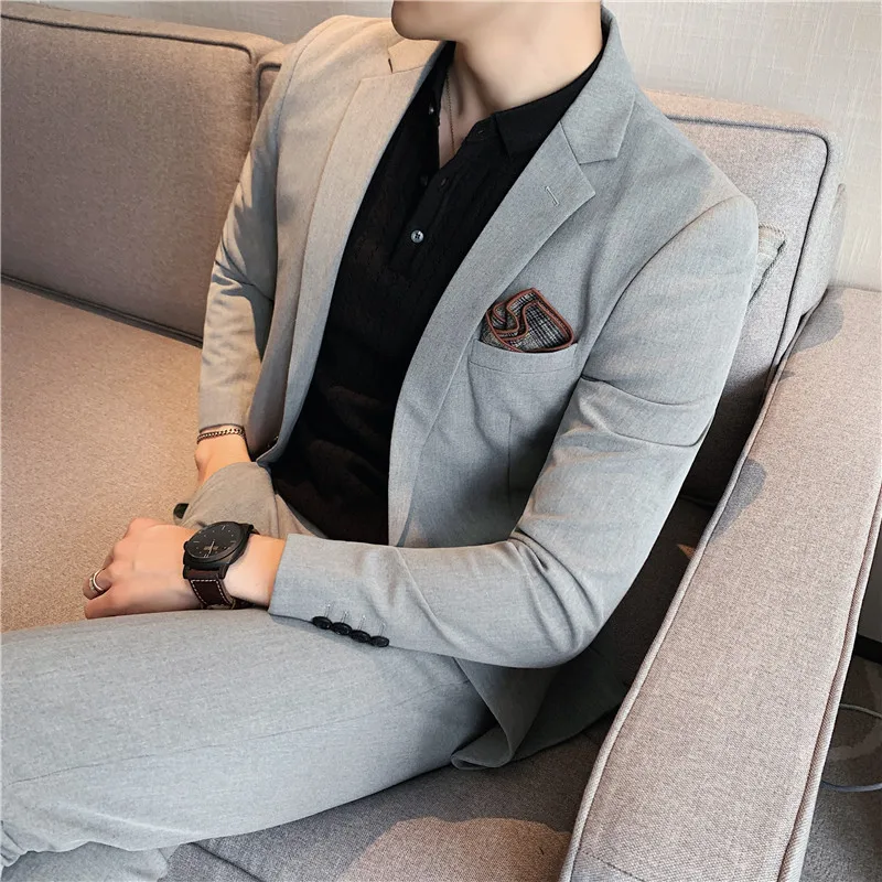 (Jas + Broek) 2023 Pakken Mode Nieuwe Mannen Hoge Kwaliteit Lage Prijs Zakelijke Bruiloft Bruidegom Pure Kleur Blazers Broek 2 Stuks Set