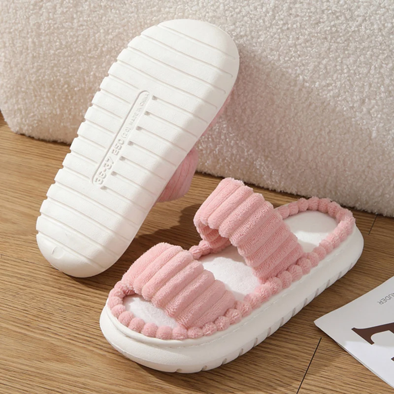 Double Straps Plush Platform Slippers Women Solid Color Non Slip Comfy Cotton Shoes Woman Fashion Corduroy Indoor House Slippers image 4