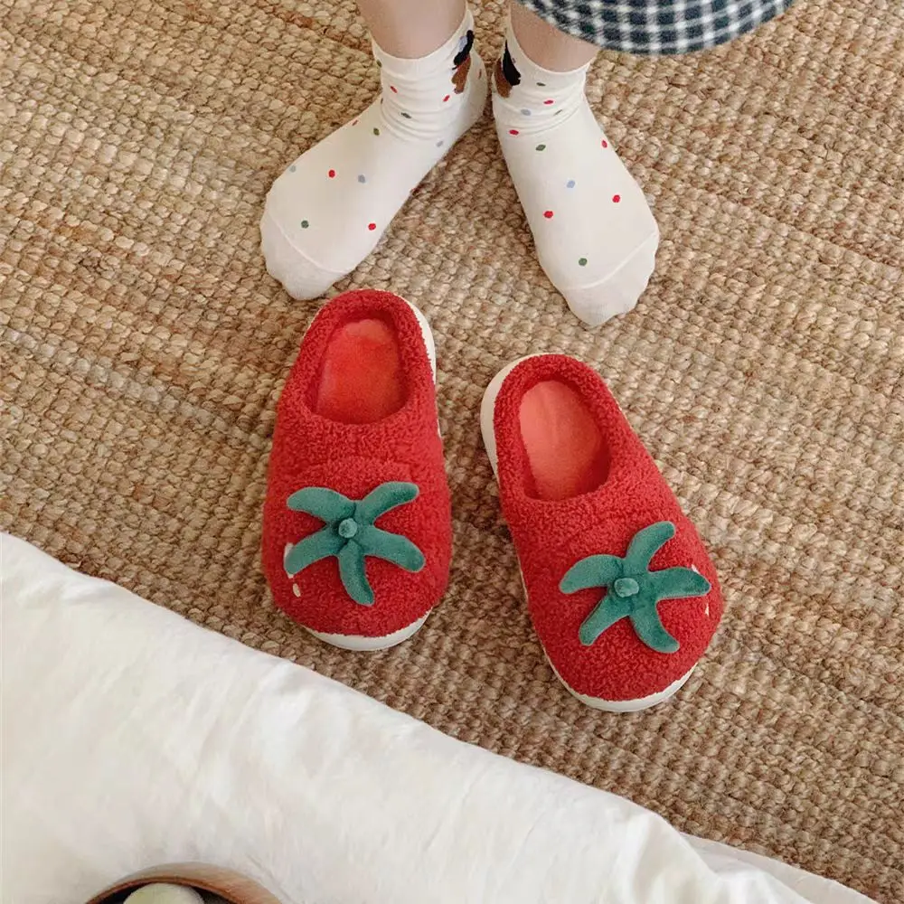 

Homewear Winter Plush Tomato Slippers Soft Thicken Warm Cartoon Furry Slippers Anti-slip Cute Home Cotton Shoes Indoor