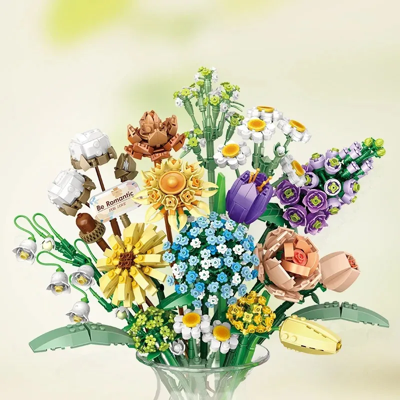 Nuove squisite rose romantiche fiori girasoli narcisi giardini casa blocchi modello classico mini set di mattoni kit per bambini
