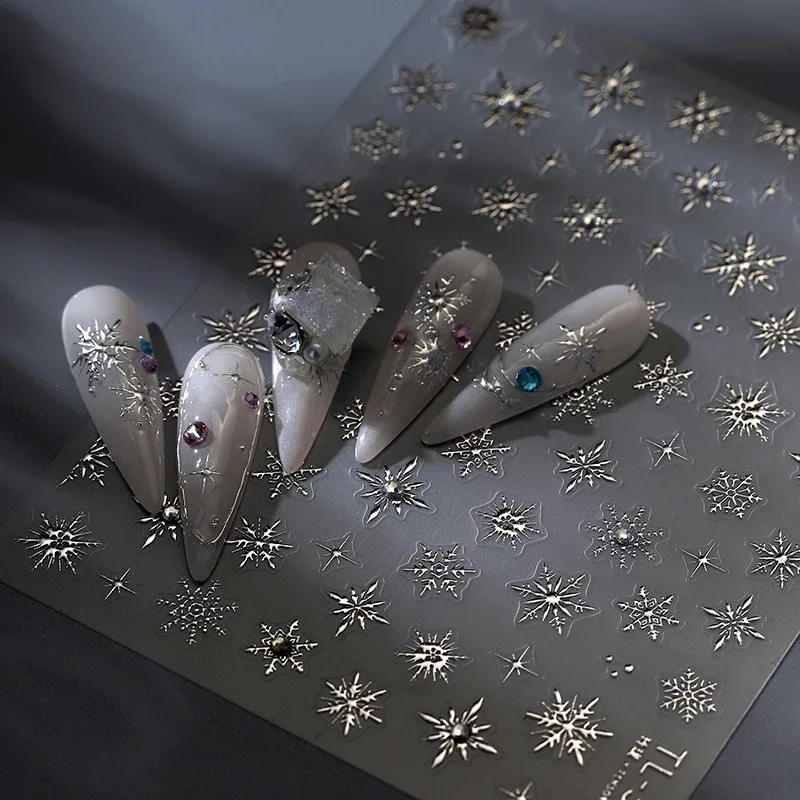 Adesivo per nail art con fiocco di neve invernale con strass di neve lucido 5D Decalcomanie per manicure autoadesive romantiche in vetro trasparente delicato