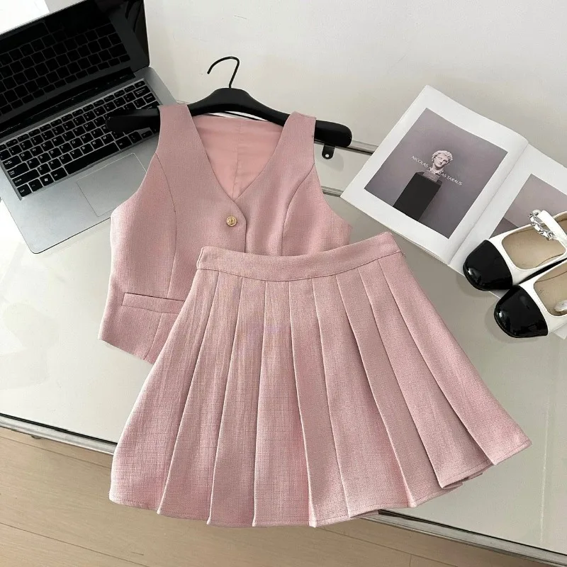 French Vest Pleated Skirt Two-piece Set Women V-neck Sleeveless Single Breasted Temperament Spicy Girl Solid Slim Summer Suit