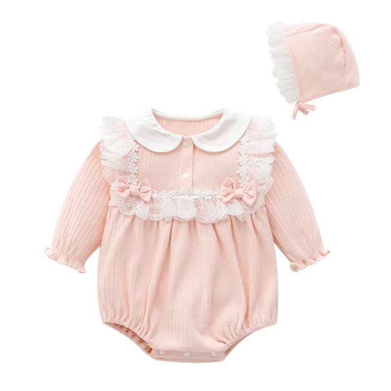 Autumn Spring Infant Baby Girls Jumpsuit+Hat Long Sleeved Cotton Lace Stitching Korean Style Climbing Suit Baby Girl Clothing