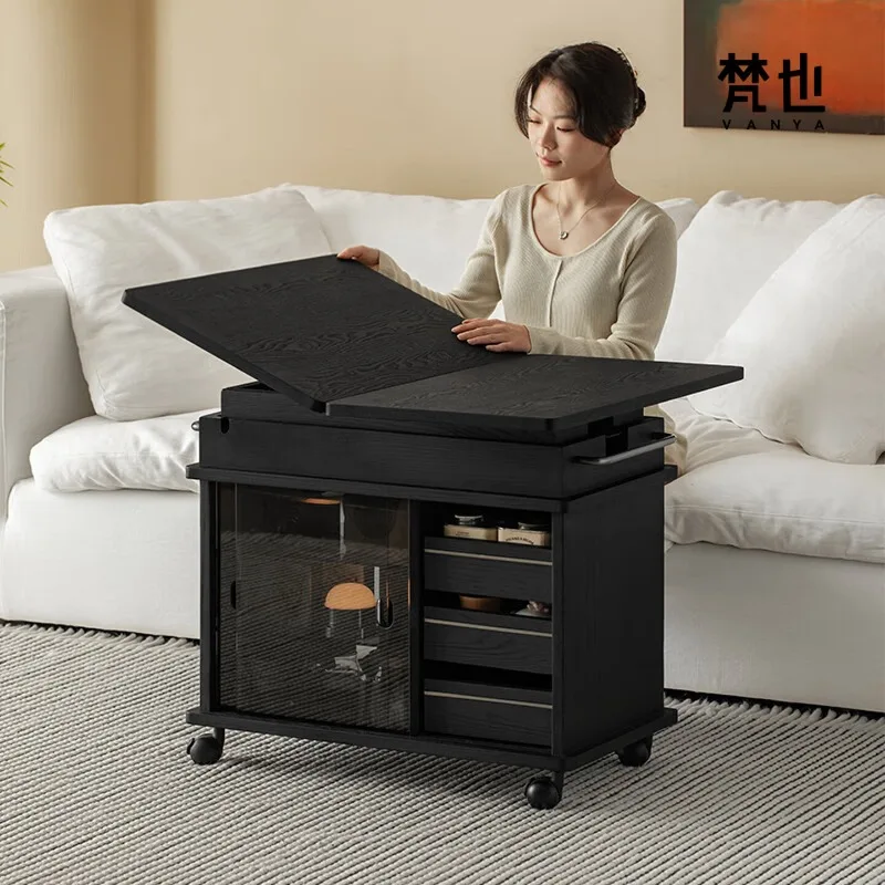 Solid wood folding black modern minimalist cart, movable side table for bedroom and living rooms
