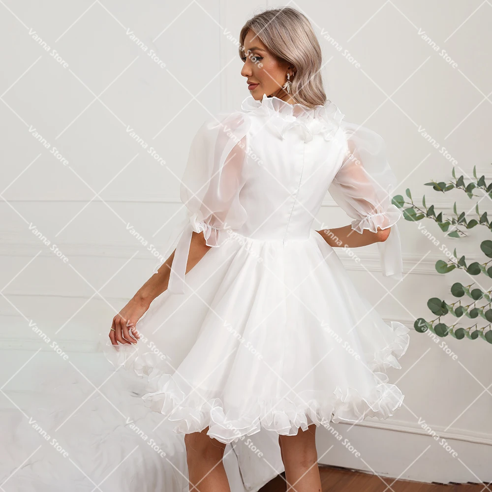 Mini organza inchado vestido v pescoço babados meia lanterna mangas vestidos de noiva arco anjo pricess acima do joelho fotos reais vestido de casamento