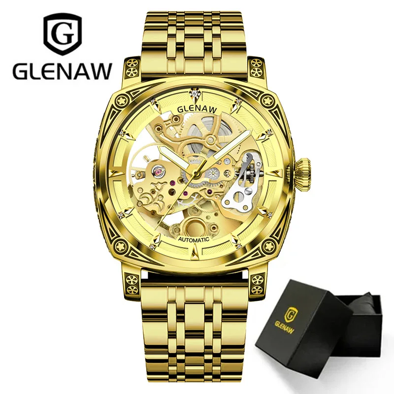 GLENAW Men Watch Skeleton Mechanical  Wristwatch Gold Skeleton Retro Man Watch Top Brand Luxury Clock Mens Watches Reloj Hombre