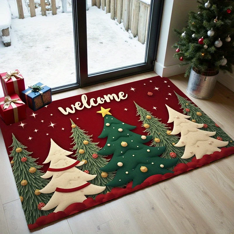 VIKAMA Green Christmas Trees Welcome Doormat Non Slip Washable Rug for Front Porch Living Room Indoor Outdoor Decor