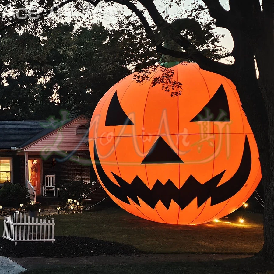 Ogromny dmuchany dyniowy balon z oświetleniem LED, model złej dyni, dekoracja ogrodowa na Halloween, straszny wystrój na sezon upiorów.