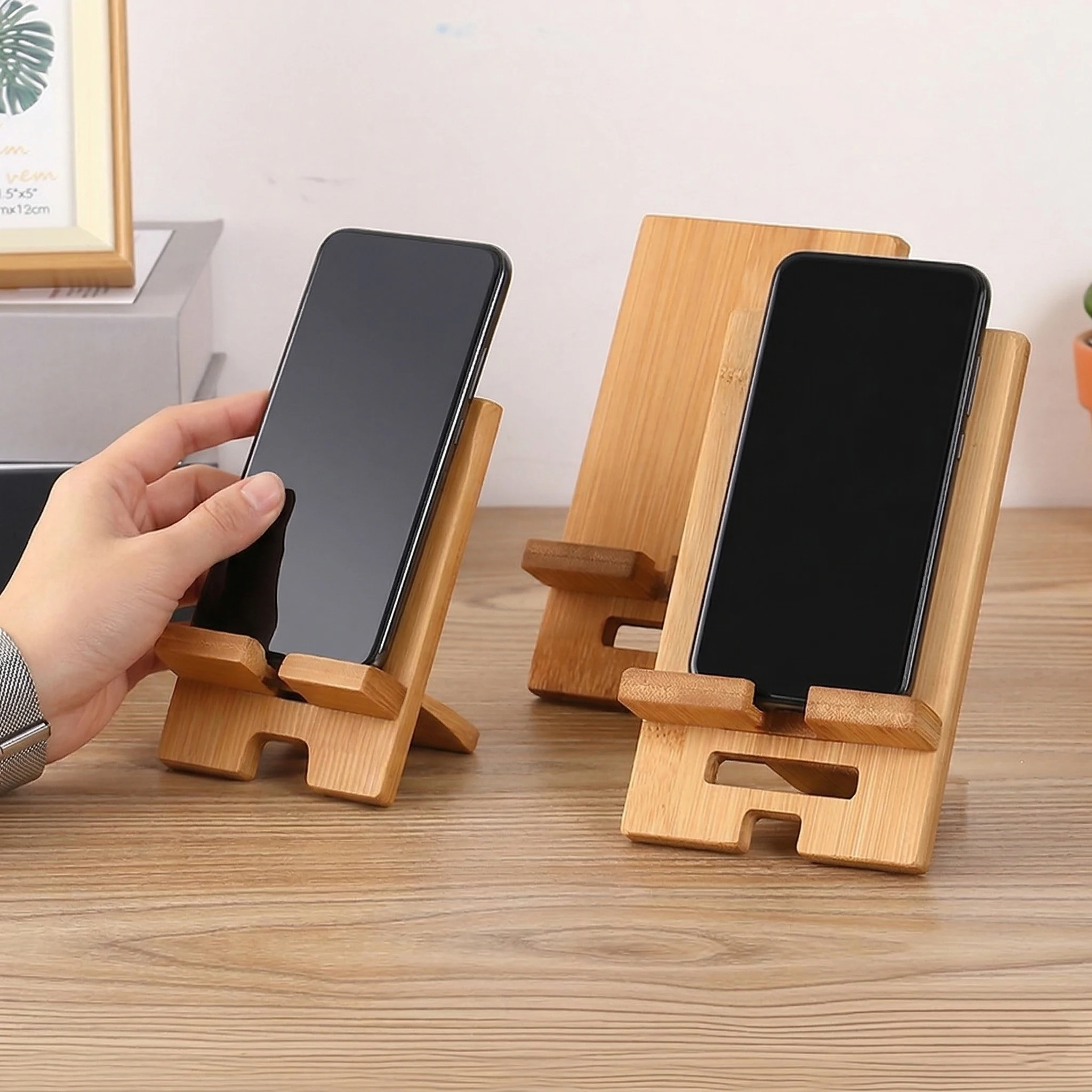 

Wooden Mobile Phone Holder Desktop Stand 2 Pack Foldable Tablet Cradle Housewarming Gift Mother Father Day Student