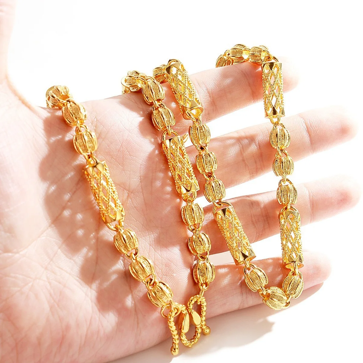 AU999 gold jewelry lantern beads hollow necklace mens 24k pure gold round bead chain real gold atmospheric boss necklace