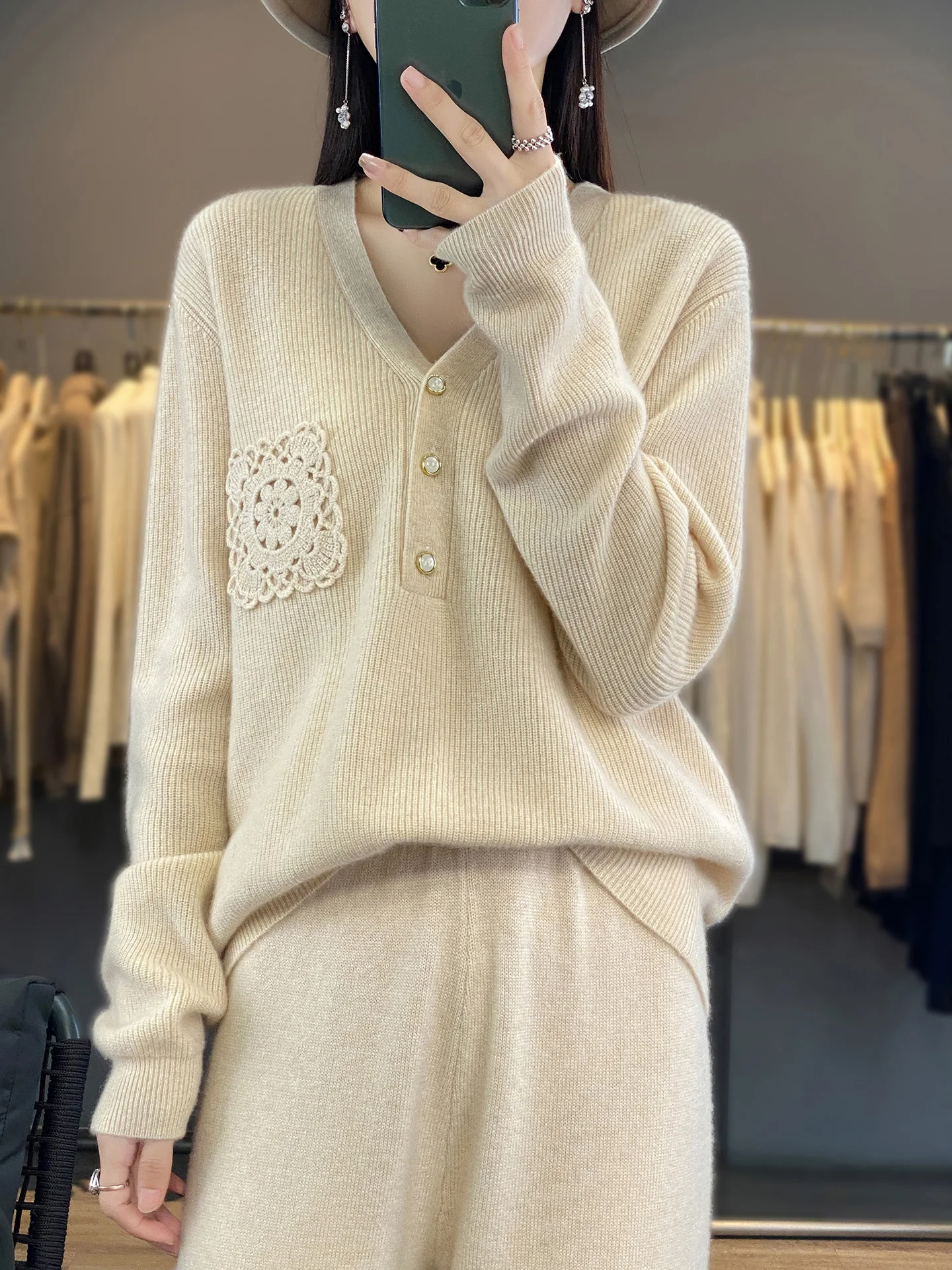 Women Autumn Winter 100 Merino Wool Sweater, V Neck Half Button Hollow Crochet Patch Loose Soft Knit Pullover Ladies Daily Top