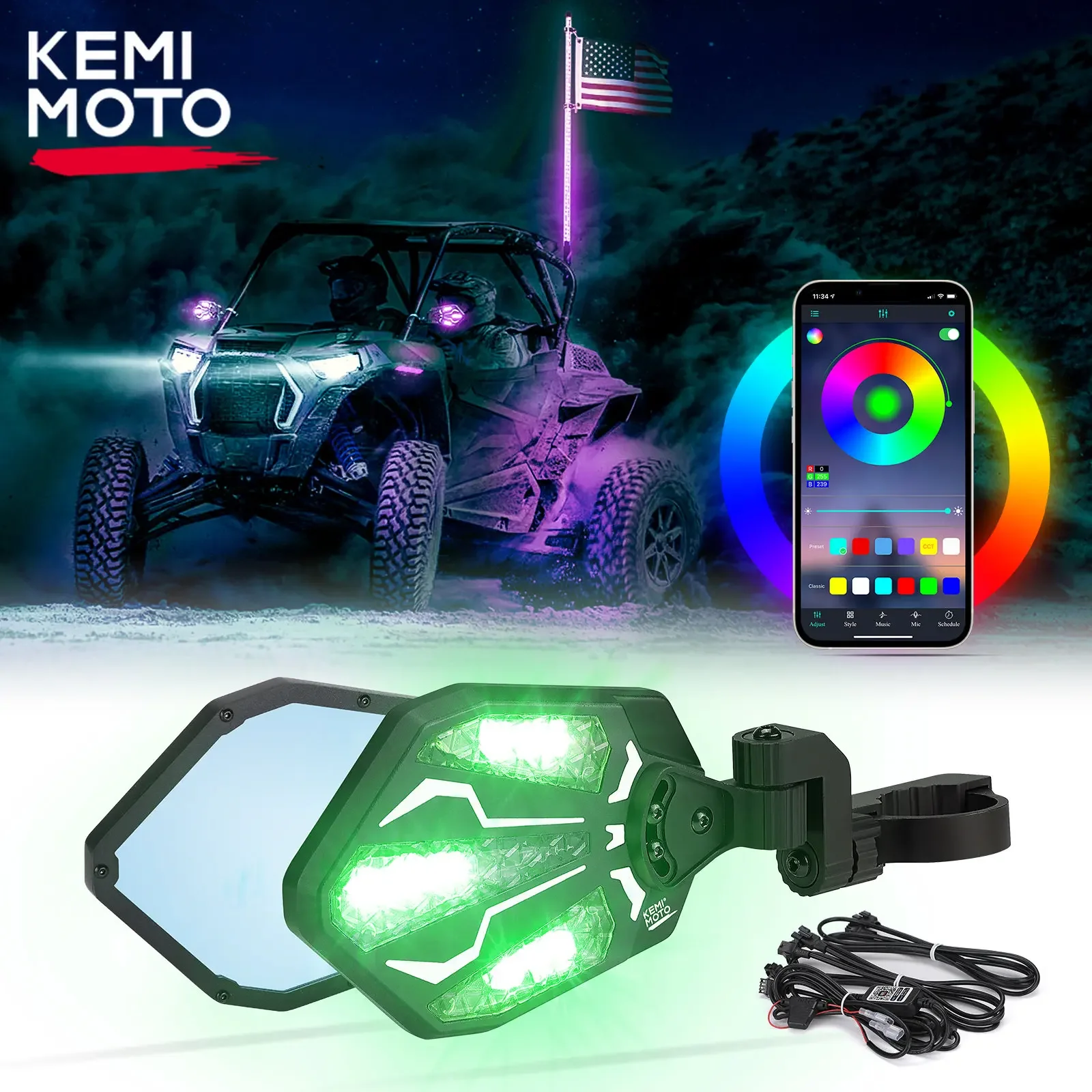 

KEMIMOTO 1.6-2" UTV CNC Rearview Side Mirrors w/ RGB Light Bluetooth Compatible with Polaris RZR for Can-Am Maverick for CFMOTO