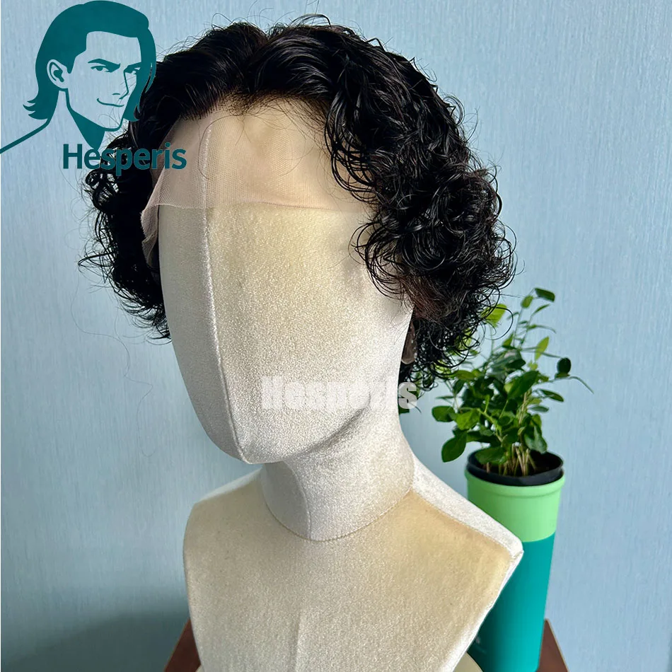 Parrucca corta riccia Hesperis per uomo Parrucca brasiliana nera naturale per capelli umani Remy 13x6 Parrucca corta anteriore in pizzo Pixie pre-stylicata per uomo