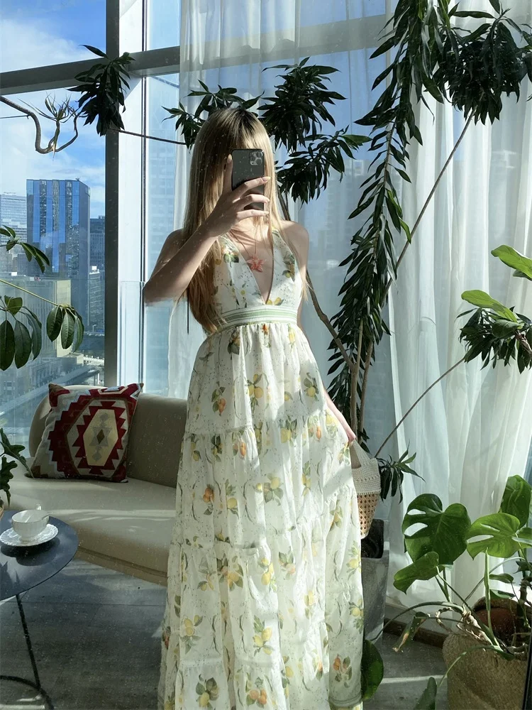 Vestido Largo Estampado Susan Long, Estilo Dulce, Espalda Descubierta, Cuello en V, Estampado de Frutas, Estilo Vacacional, C...