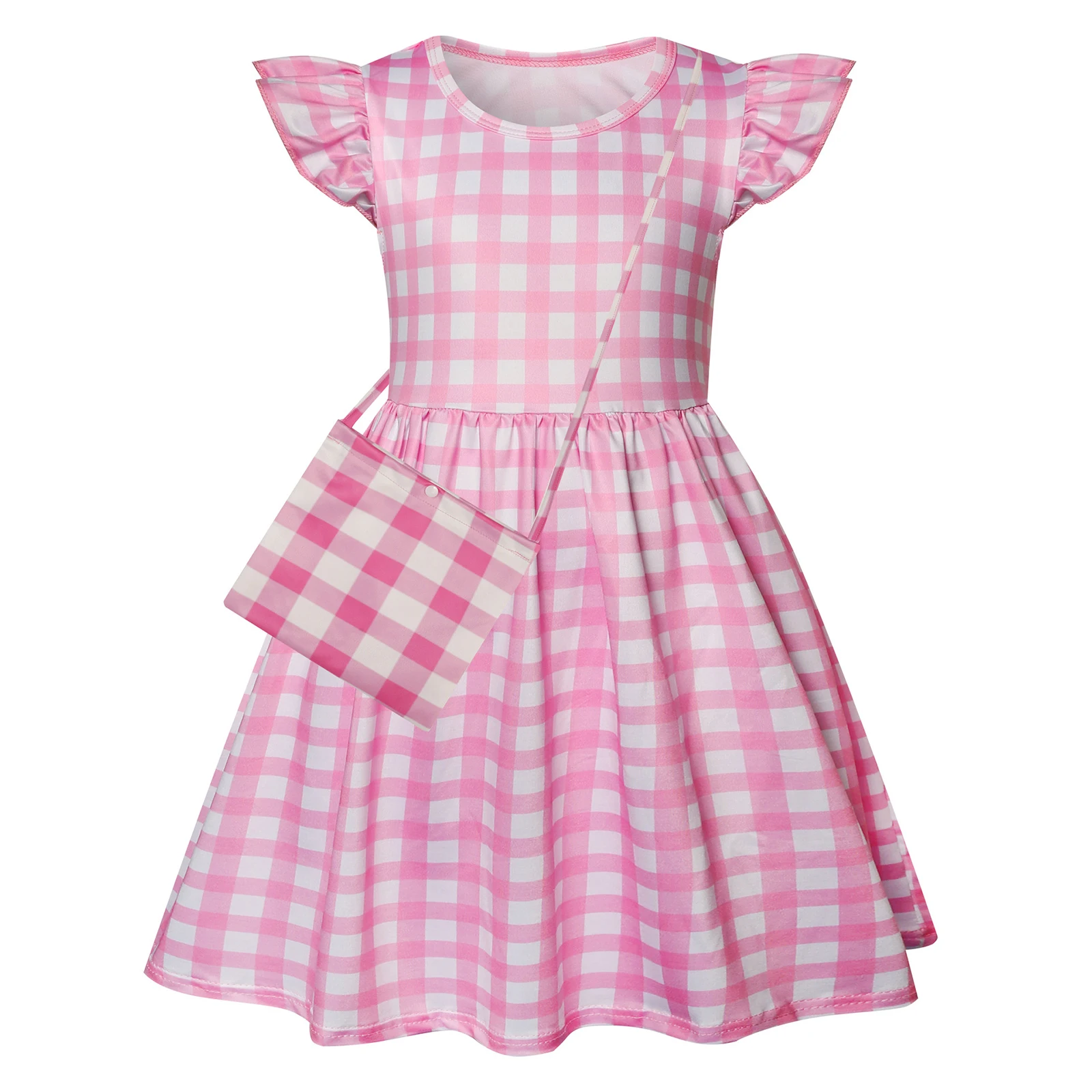 

Halloween Kids Girls Summer Casual Dress Flutter Sleeve Pink Plaid Print A-line Dresses with Bag Set Cosplay Costume Theme Party