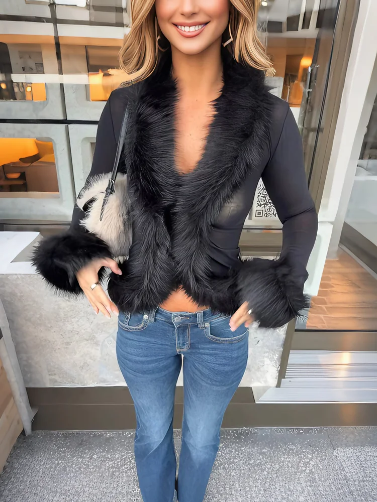 Tossy Y2K Schwarzes Mesh Crop Top Damen Langarm Kunstfell Shrug Cardigan V-Ausschnitt Transparentes Top E-Girl Cyber Sexy Nachtclub-Outfit 2024
