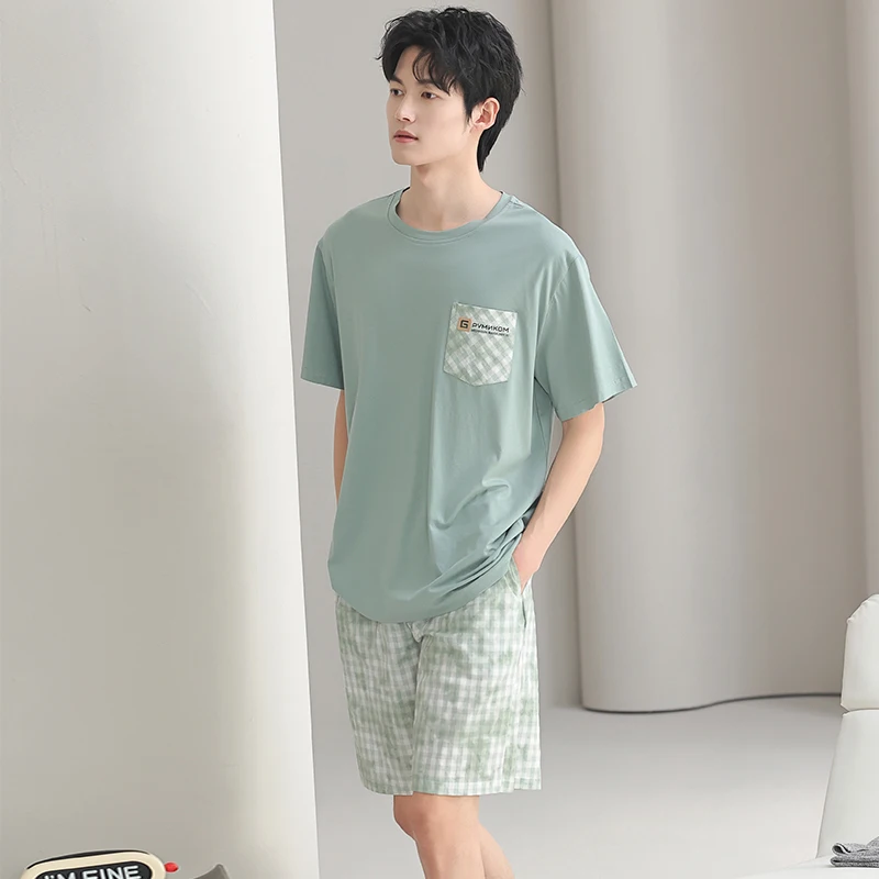 Summer Men Short Sleeve Pajamas Set Knited Cotton Pyjama Male Solid Sleepwear