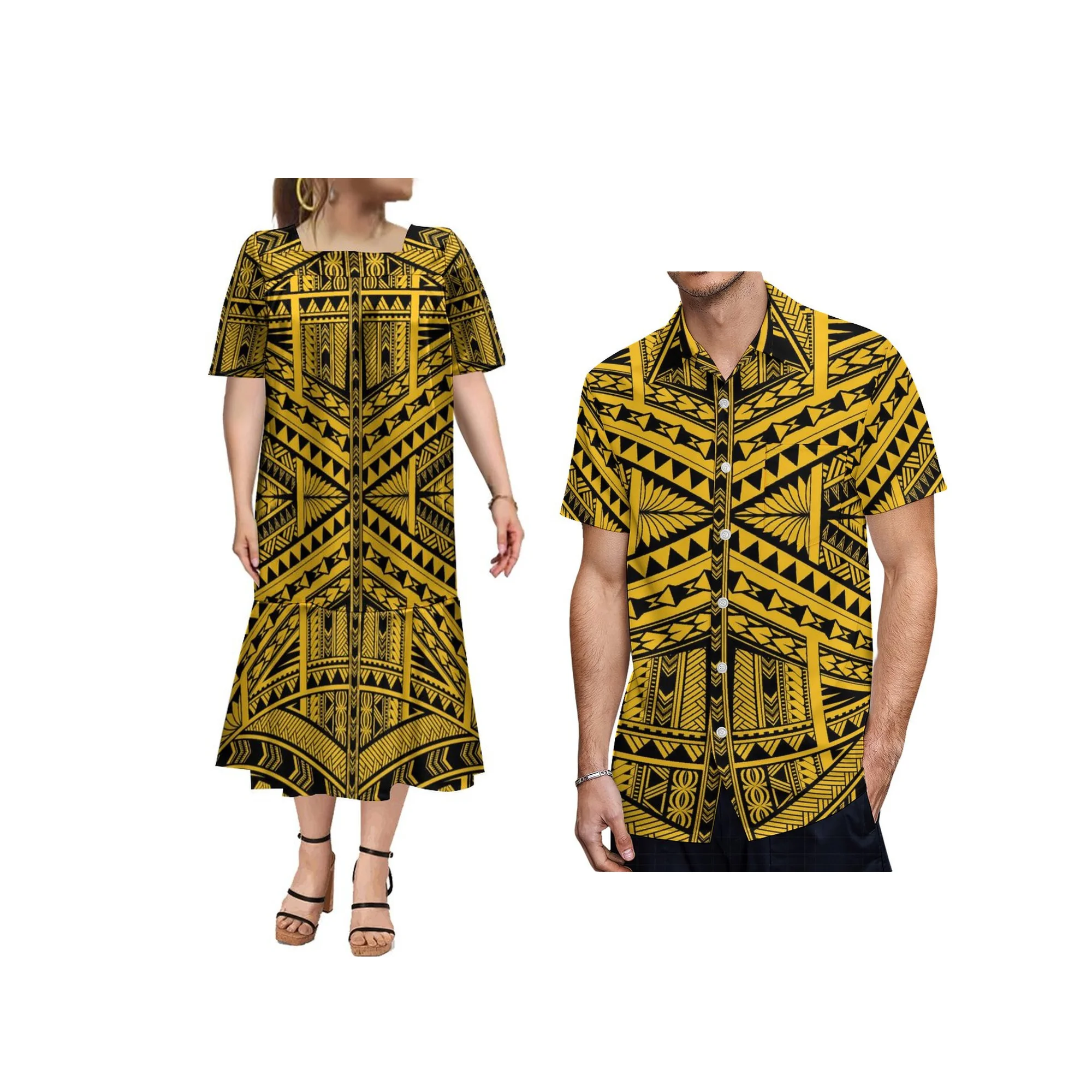 Camisa de ocio de verano, ropa exclusiva para parejas, vestido de mujer, conjunto de pareja, vestido largo polinesio personalizado Mumu