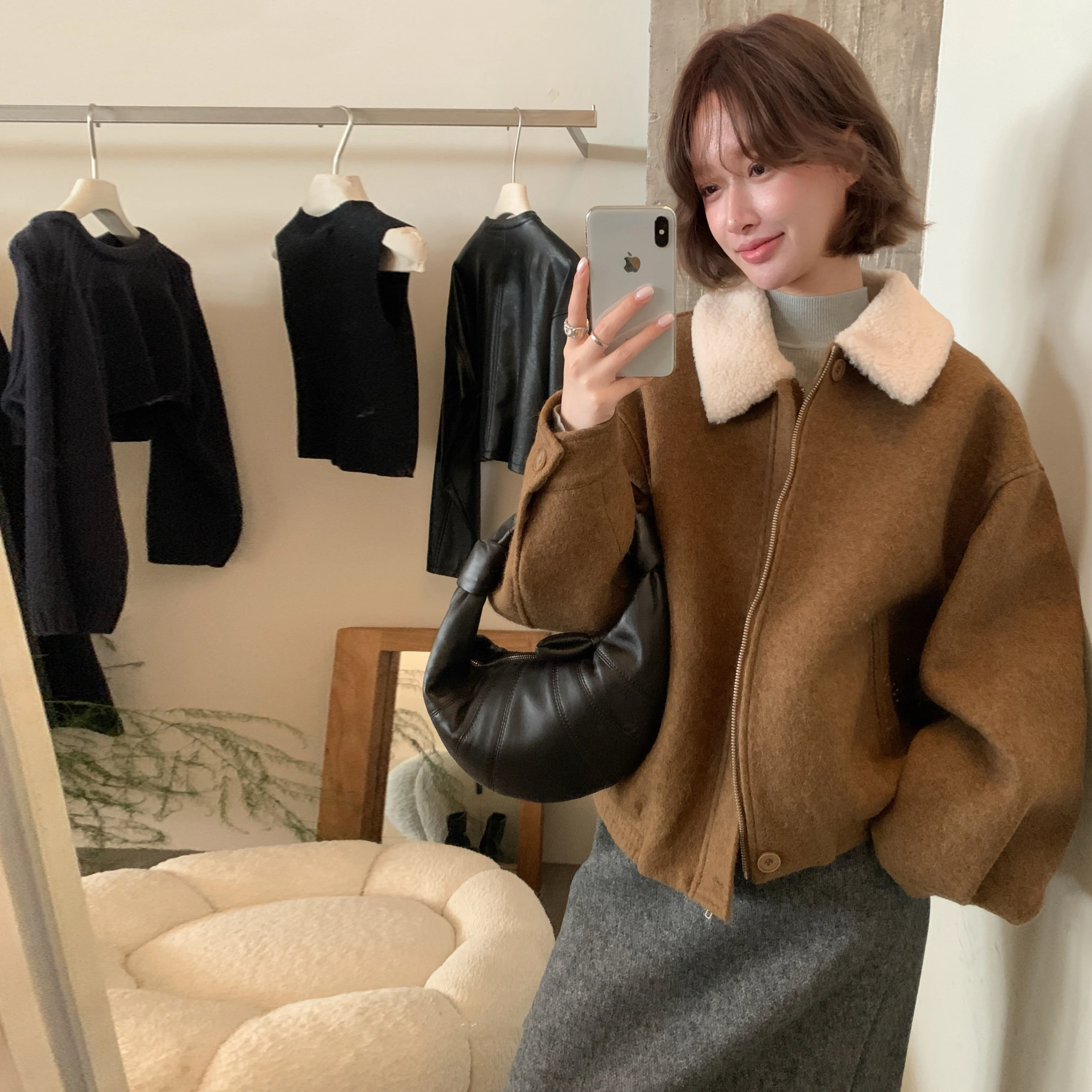 Korean Style Zipper Warm Woolen Coat Color Block Lapel Versatile Thickened Autumn Winter Women's Fashion Outerwear