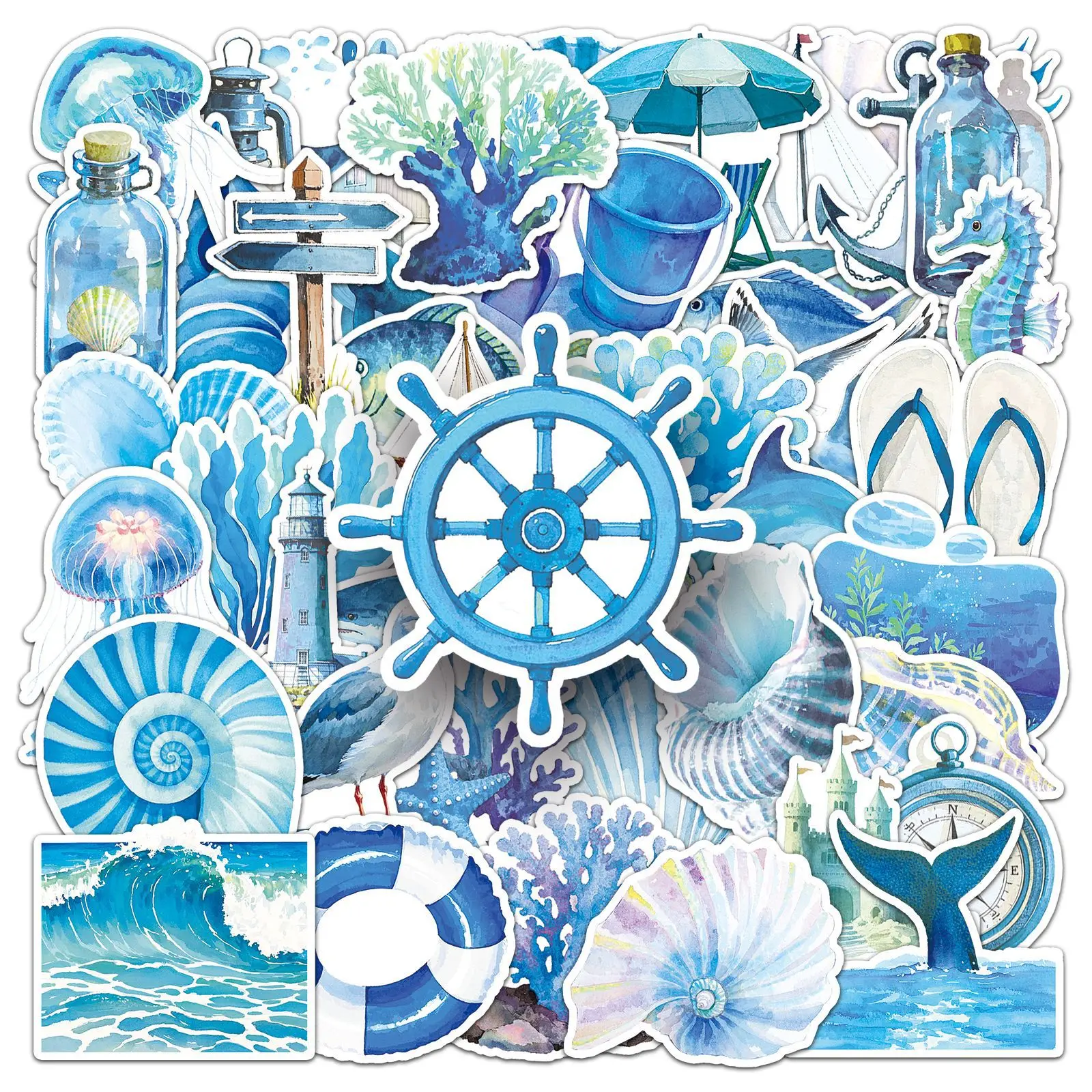50pcs/set Blue Ocean Cartoon Doodle Hand Drawn Watercolor Stickers For Wall Water Bottles Phones Luggage Boho Decor
