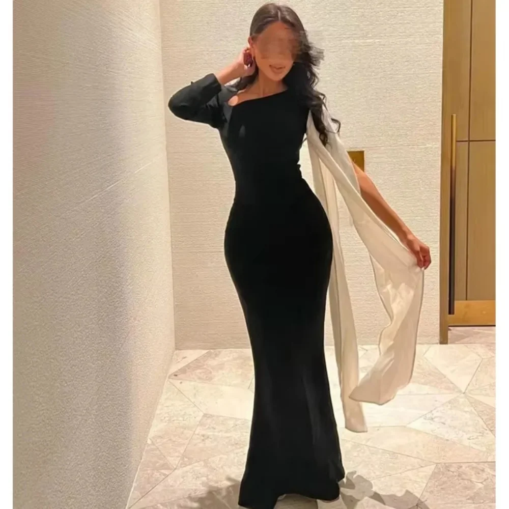 

Black O Neck Evening Dresses for Women Customized Mermaid Prom Dress 2025 Long Sleeves One Shoulder with Cape Robes De Soirée