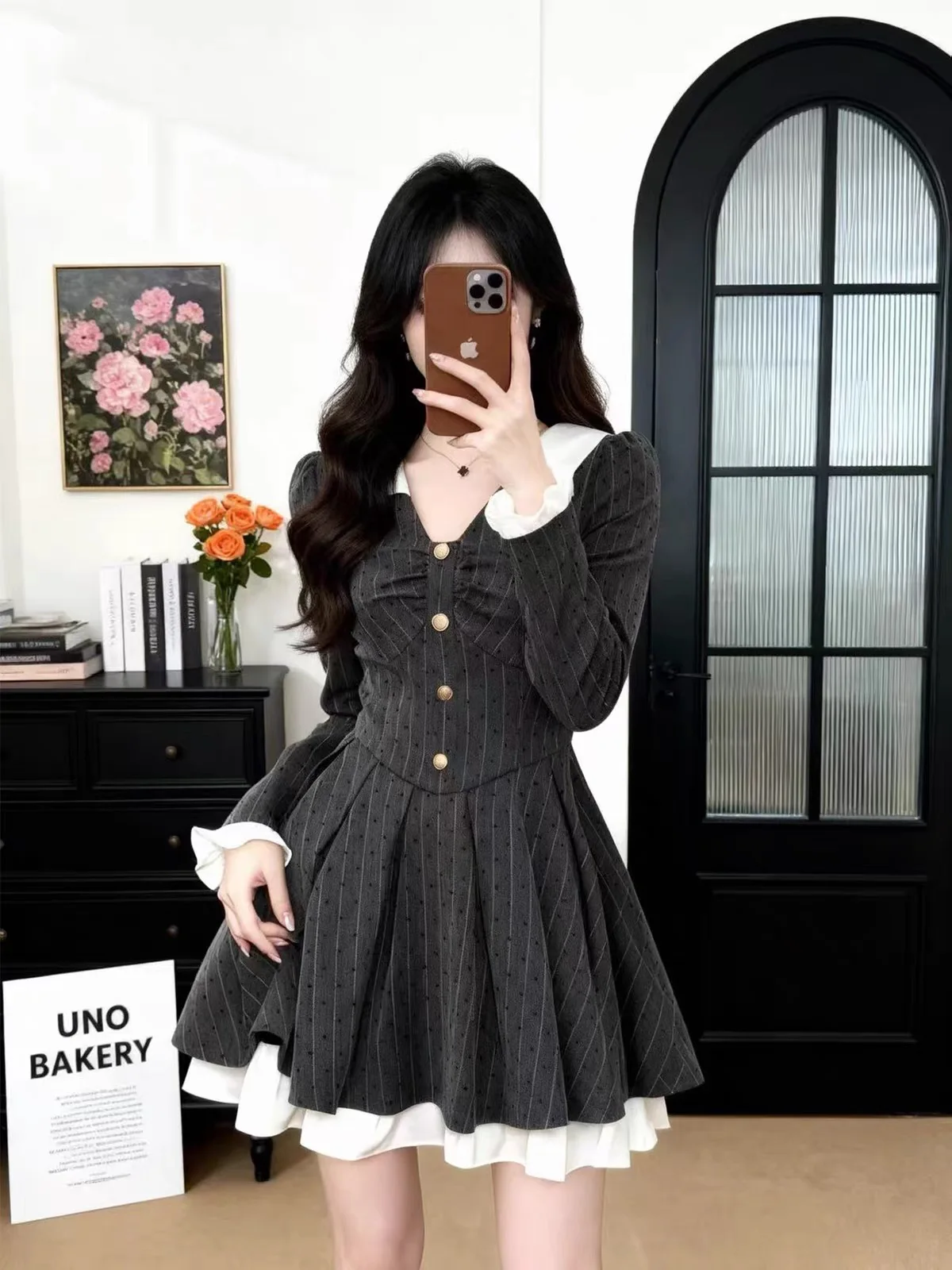 Gray Long Sleeve A-Line Dress Women's Pre-Fall Vintage Korean Style College Wind Skirt Slim Fit City Commute Daily Wear