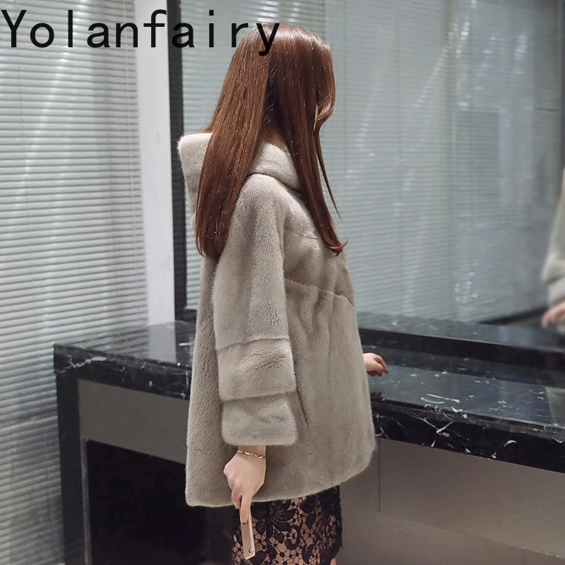 YOLANFAIRY 여성용 리얼 퍼 코트 겨울 2025 럭셔리 천연 전체 밍크 퍼 코트 후드 포함 여성 퍼 재킷 카사코 페미니노
