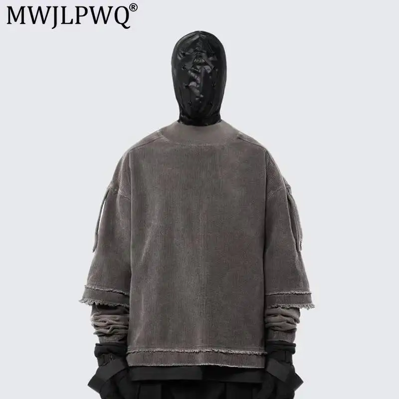 MWJLPWQ Dirty Dye Frayed Trendy Long Sleeve Washed Retro Tops New Fake Two-Piece Colorful American Street Style T-Shirt 20104