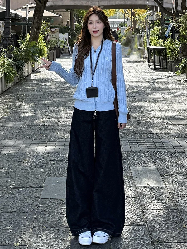 High Waist Wide Leg Denim Blue Jeans Women's Autumn Winter New Loose Straight Floor-Length Pants Retro Sle Casual Faion