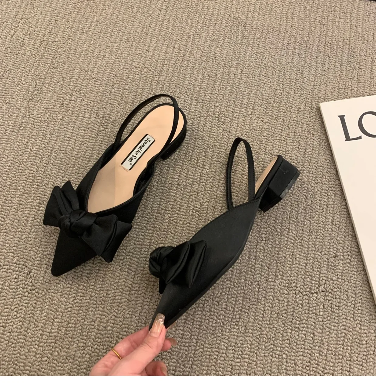 Sandals Elastic Band 2024 Women\'s Female Shoe Clear Heels Slip-on New Girls Closed Pointed Summer Spring  Fashion Retro Low Beig