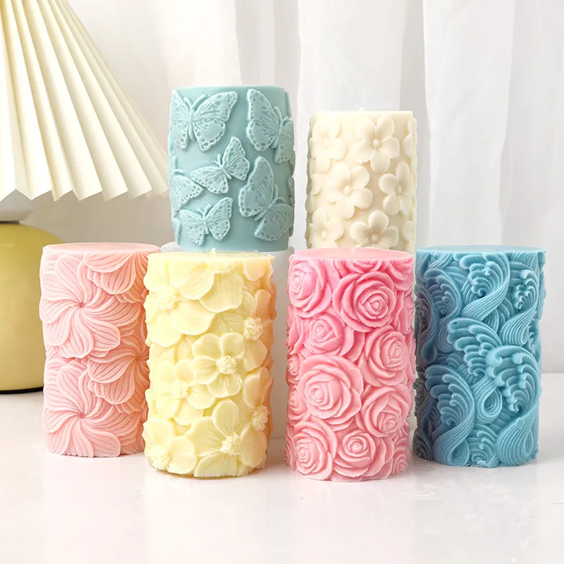 

3D Flower Relief Cylindrical Candle Silicone Mold Butterfly Wave Column Mould Candle Making Diy Plaster Resin Mold Home Decor