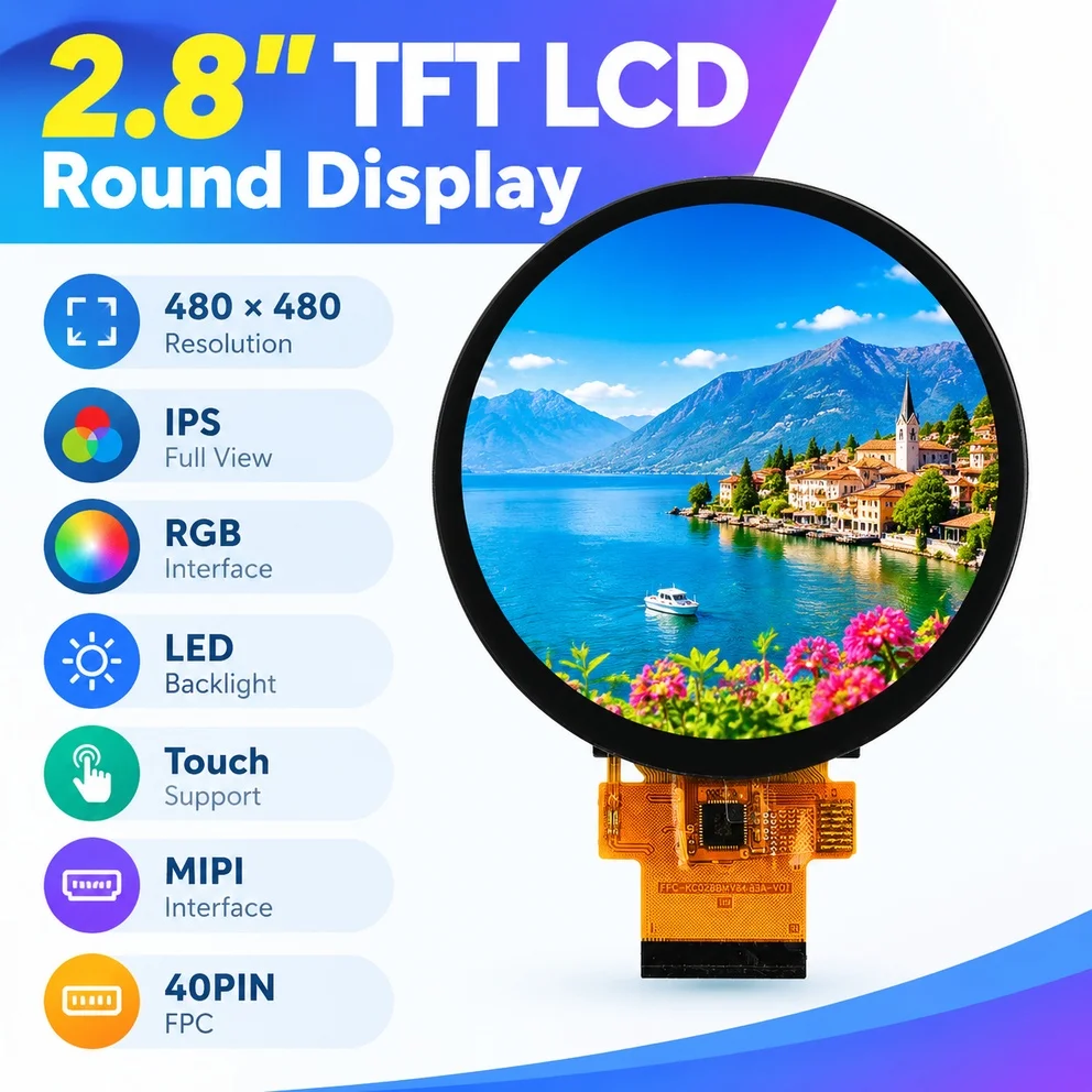 2.8 Inch TFT LCD Display Round Small Screen 480*480 IPS Full View RGB Interface LED Backlight MIPI Interface with Touch 40PIN