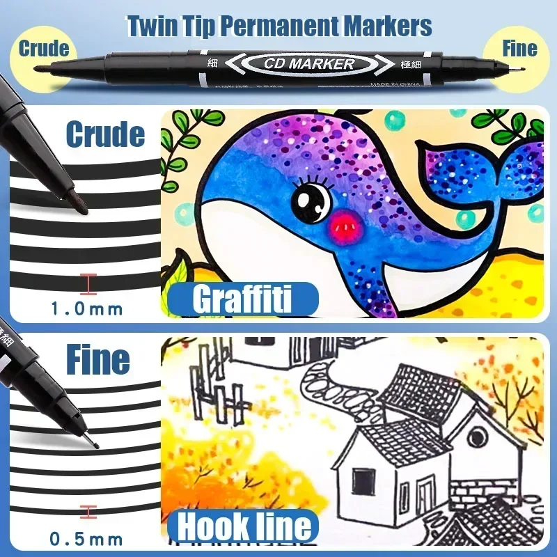 10 قطعة طرف مزدوج أقلام تحديد دائمة مقاوم للماء الزيتية غرامة تلميح الأسود اللوحة ماركر الكتابة على الجدران بمناسبة أقلام اللوازم المدرسية