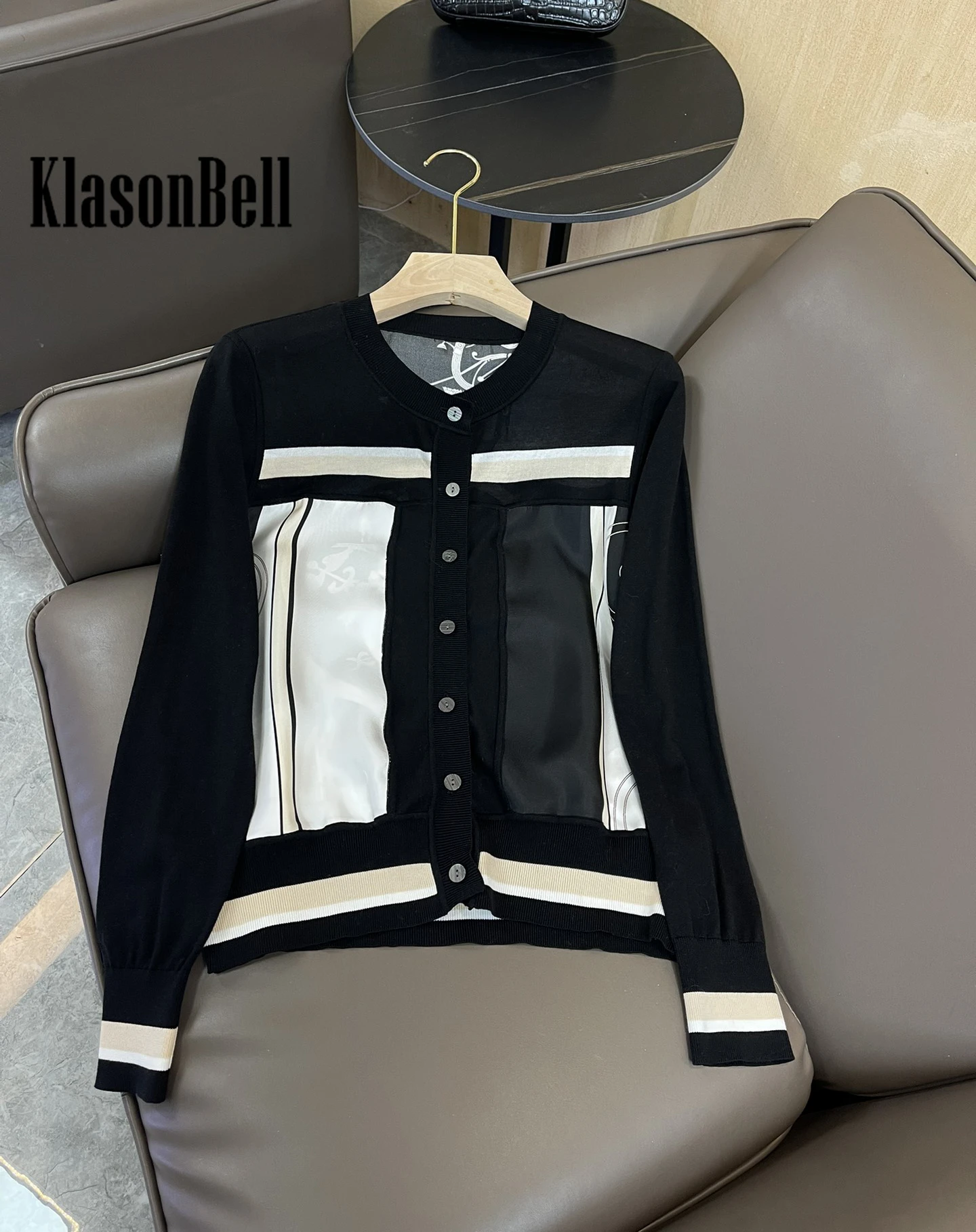 9.26 KlasonBell Casual Contrast Color Silk Pattern Print Single Breasted Wool Knitted Cardigan Women