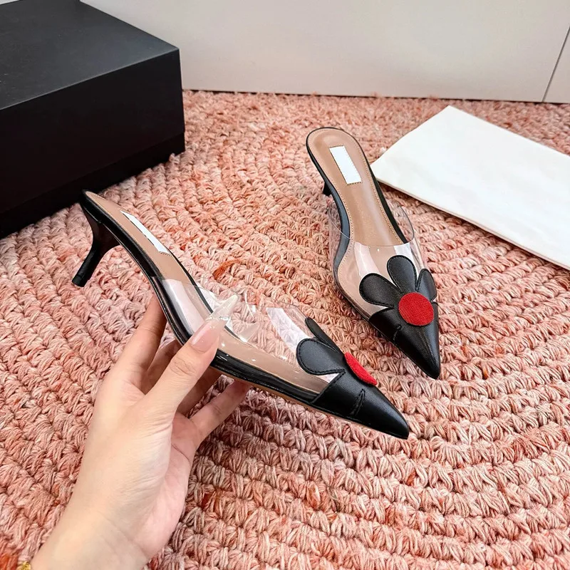 Genuine Leather French Heart-Shaped Transparent Slippers Women's Fine Heel Pointed Toe High Heels Casual Sandals view 3