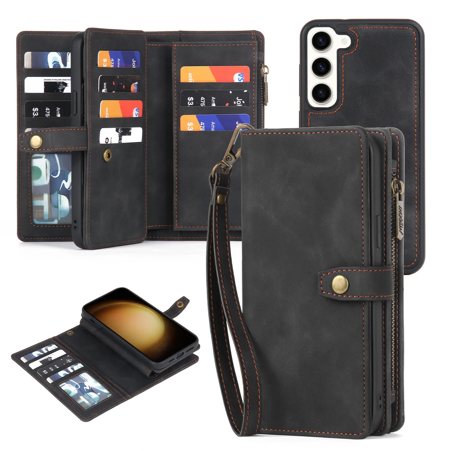 

Zipper leather wallet case For Samsung Galaxy S23 plus, magnetic buckle, closed shockproof case For Samsung S23 plus Case 6.6"