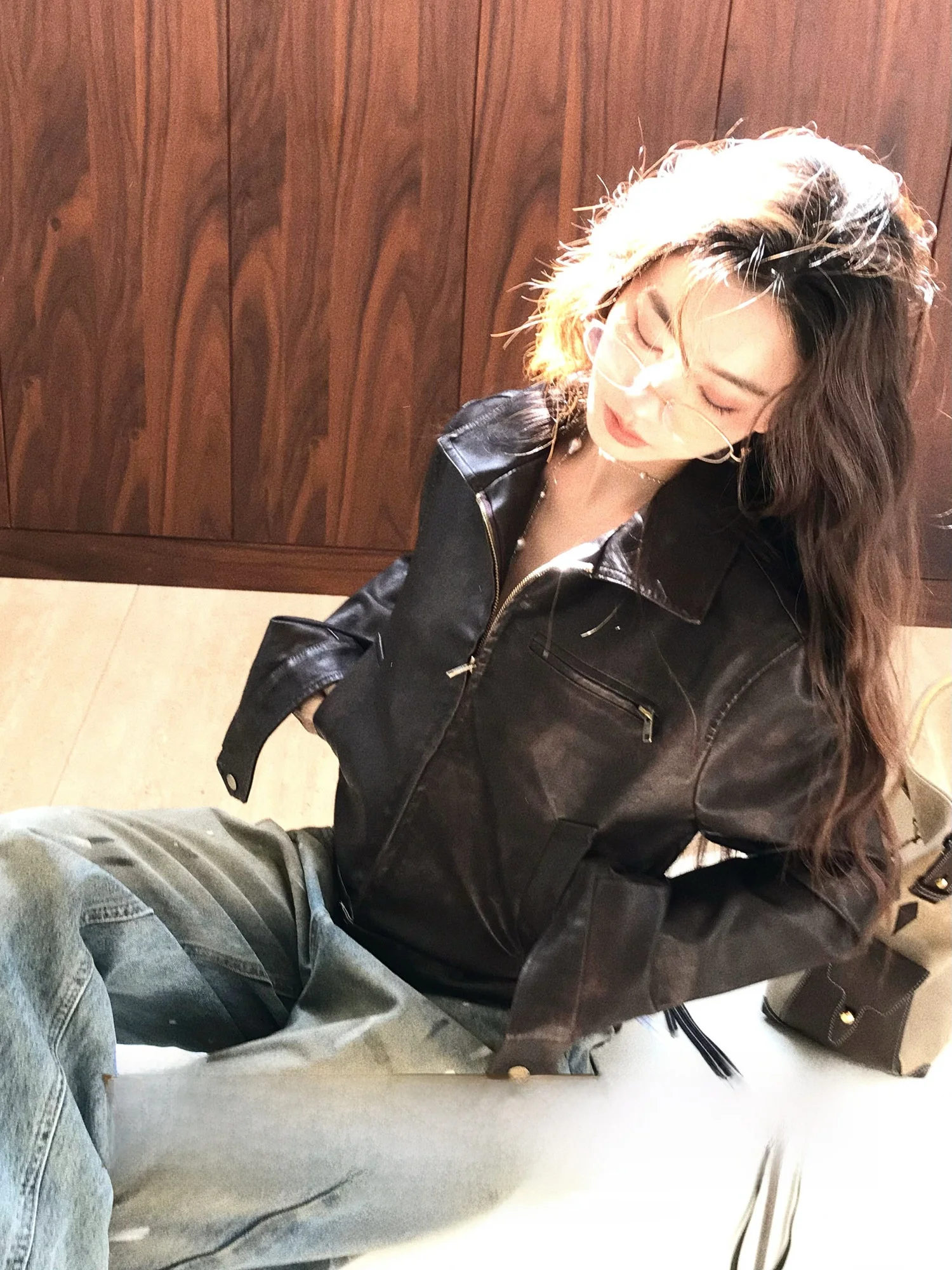 

Retro American Motorcycle Jaet Women's Slim ort Casual PU Leather Coat Spring Commute Sle Straight Tube ape