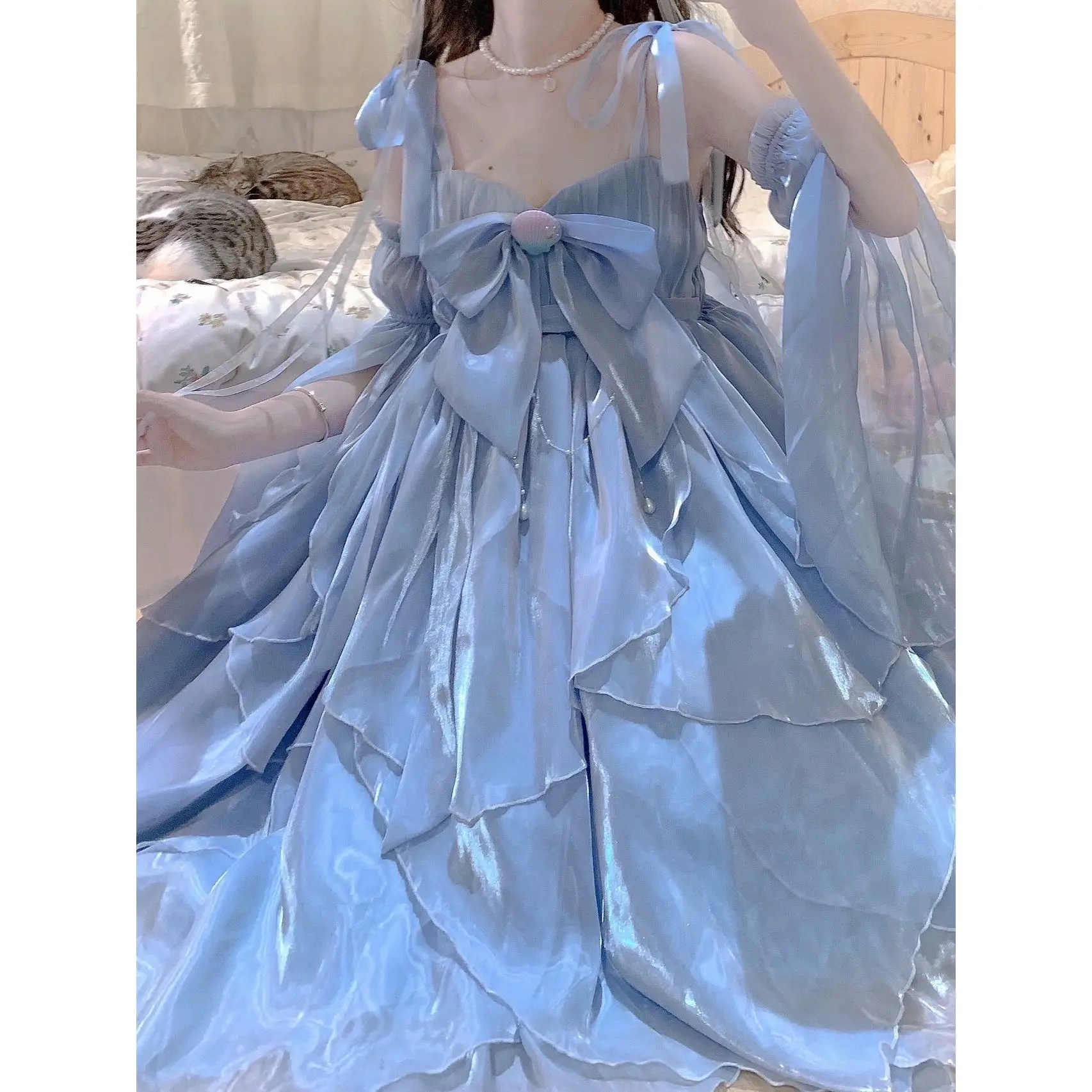 

Retro Style Lolita JSK Dress With Detachable Sleeves Blue Suspenders Beautiful Girl Cute Chic 2023 New