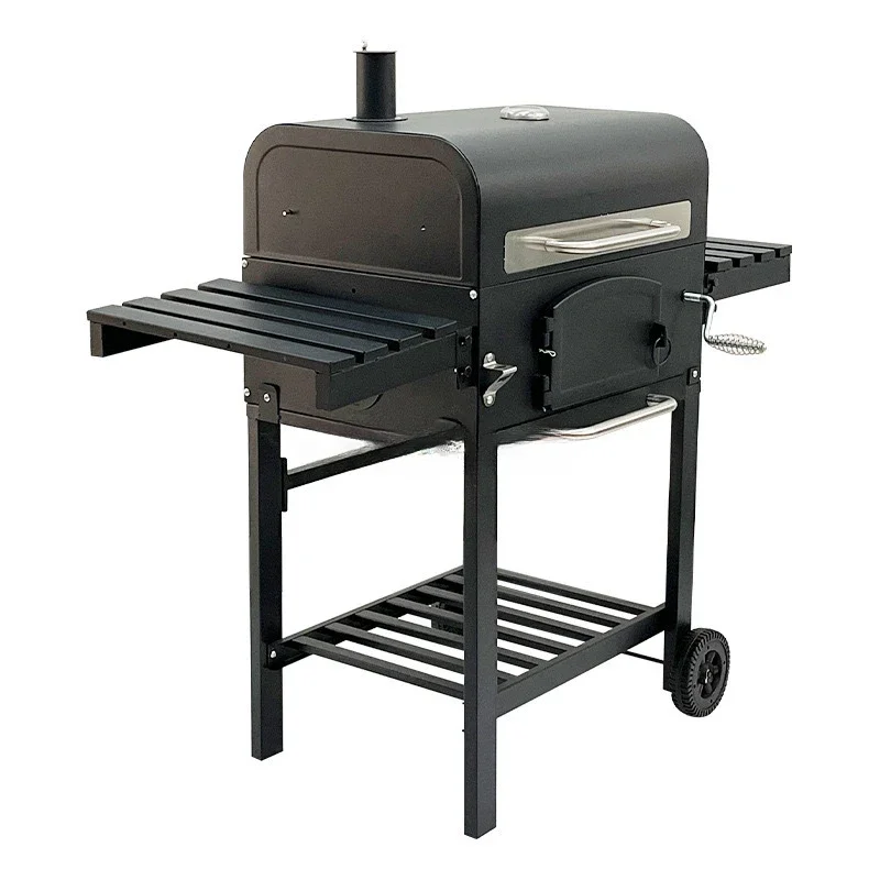 Outdoor Charcoal Grill Tolerable Smokeless BBQ Stove Backyard Large Trolley Smoker With Foldable Bi-side Tables