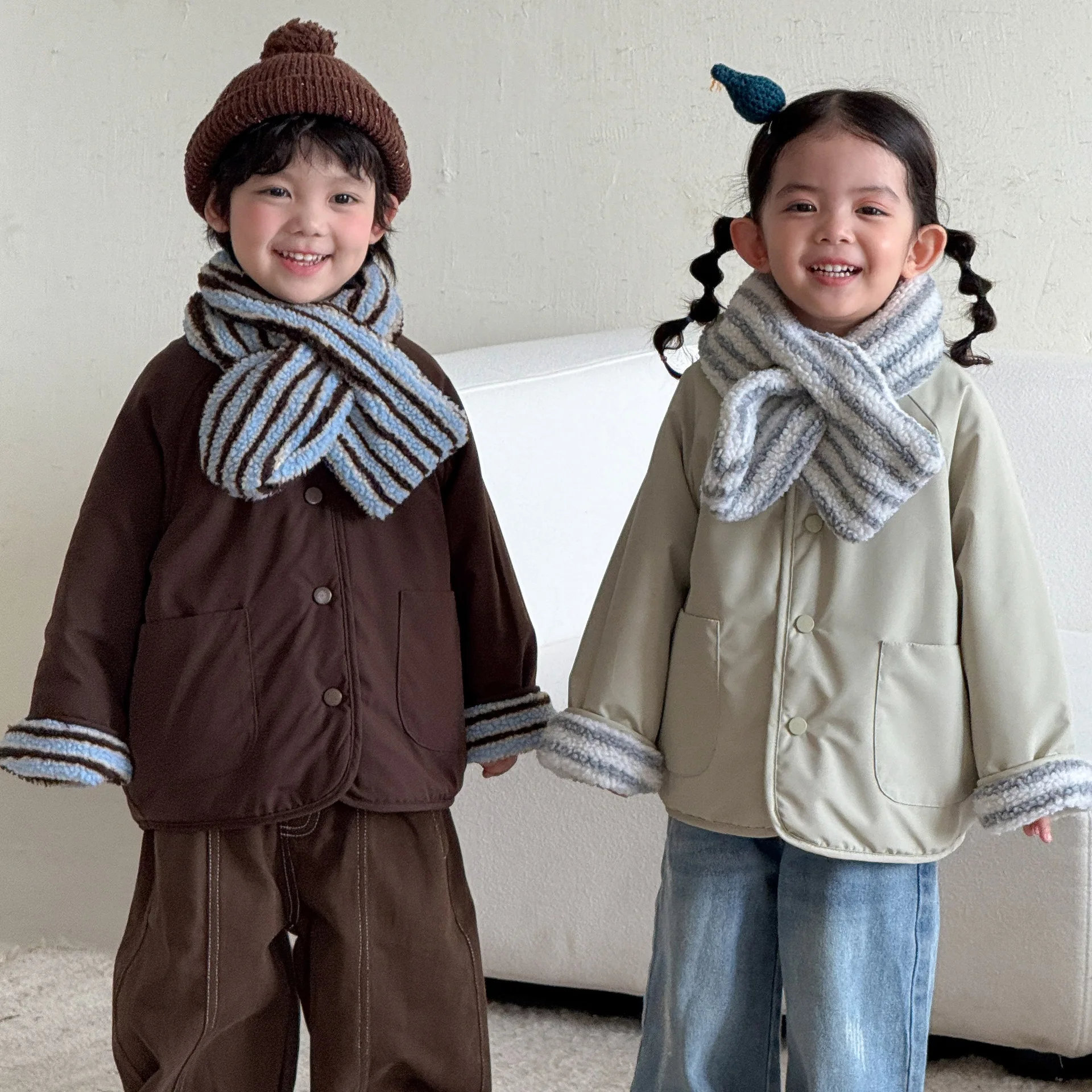2026 Winter New Children Warm Lamb Fleece Coat Boys Plus Velvet Thick Striped Jacket Girls Quilted Cotton Coat Kids Clothes
