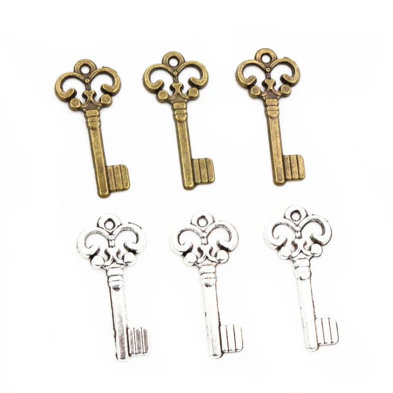 50pcs 21x10mm Vintage Small Key Charms Antique Bronze Silver Plated Handmade Charms Pendant DIY Findings for bracelet necklace