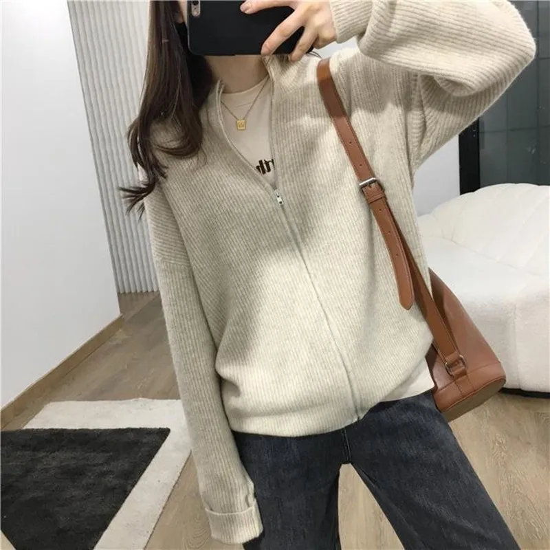 Cashmere sweater women\'s half high neck cardigan 100% wool knitted long sleeved jacket loose and soft sweater Korean fashion top