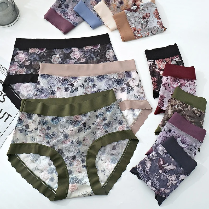 

3PCS/Lot No Trace Soft Women Underwears Plus Size 5XL Thin Ice Silk Cool Rustic Print Sexy Panties Sets Lady's Underpants