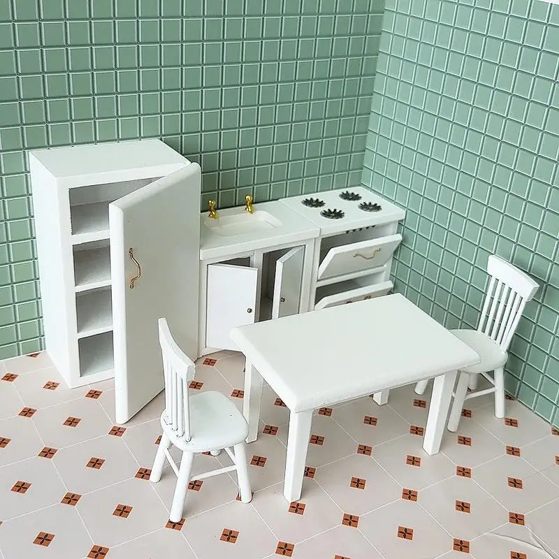 

1/12 Dollhouse Kitchen Stove Refrigerator Table Chairs Kit Dollhouse Mini Kitchen Furniture Model Micro Scene Construction Props