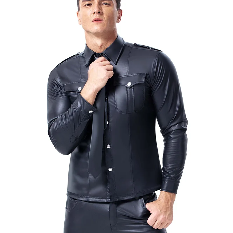 Men Shirts Pu Leather Erotic Underwear Gothic Performance Clothing Urn-Down Collar Button Long Sleeved Clubwear Tops Streetwear