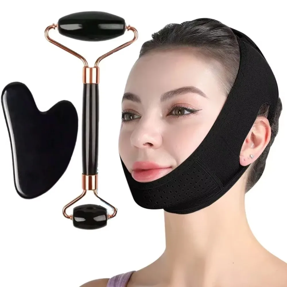 Face Roller Gua Sha Board Training Belt Set Adjustable V-face Elastic Train Belt Double-head Roller Heart-shaped Gua Sha Board