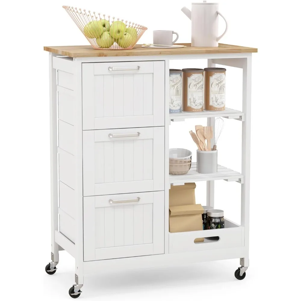 Kitchen Island Cart on Wheels with Storage, Versatile Rolling Cart with Wood Countertop, 3 Drawers, Removable Tray & Lockable