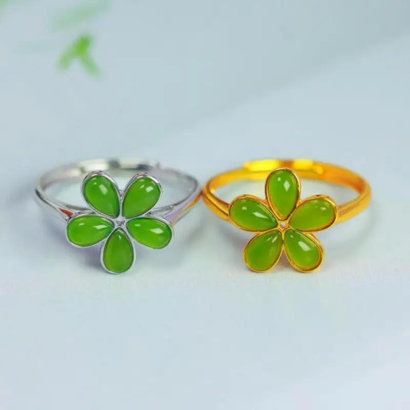 Genuine China Nephrite Stone Green Hetian Jade 925 Silver Flower Ring Adjustable Women Certified Jewelry For Girlfriend Mom Gift