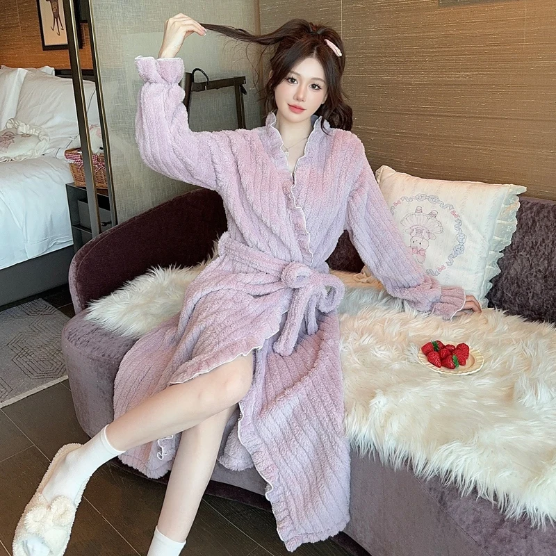 جديد الشتاء طويلة الأكمام سميكة الدافئة الفانيلا كيمونو الجلباب للنساء المرجان المخملية البشكير ملابس خاصة ملابس المنزل فستان النوم فستان سهرة