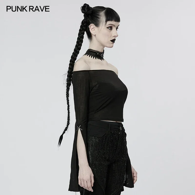 PUNK RAVE Women's Daily Gothic Horizontal Neck T-shirt Slightly Slit Sleeves Elastic Knitted Sexy Black Tops Women Clothes